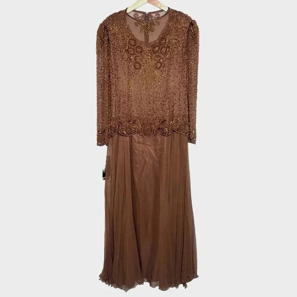 Alexis Womens 18 Elegant brown long sleeve silk beaded upper formal dress‎ NEW - Picture 2 of 10